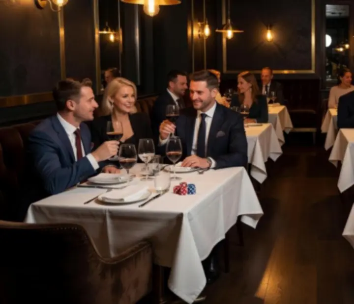 Wieczorna atmosfera restauracji ADSIGHT LTD z eleganckimi stołami i ciepłym oświetleniem