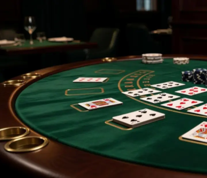 Detale stołu blackjack z kartami i żetonami w ADSIGHT LTD