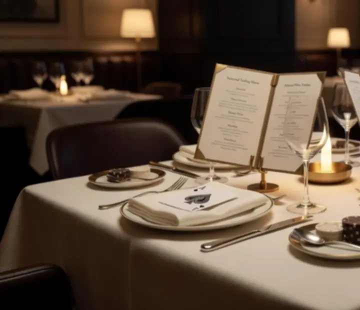 Elegancki stolik w ADSIGHT LTD z kartą menu i wieczornym nakryciem