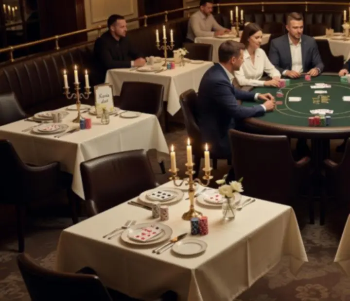 Wieczór pokerowy w restauracji ADSIGHT LTD z eleganckim stołem pokerowym i gośćmi przy kolacji