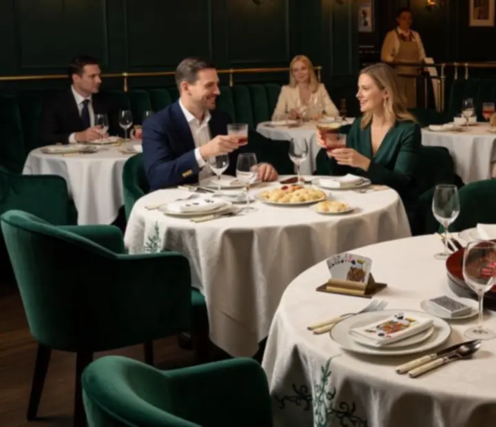 Elegancka sala restauracyjna ADSIGHT LTD z wieczorną atmosferą i stołem inspirowanym grami karcianymi