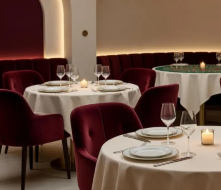 Sala restauracyjna ADSIGHT LTD z eleganckimi stolikami przygotowanymi na wieczorną kolację