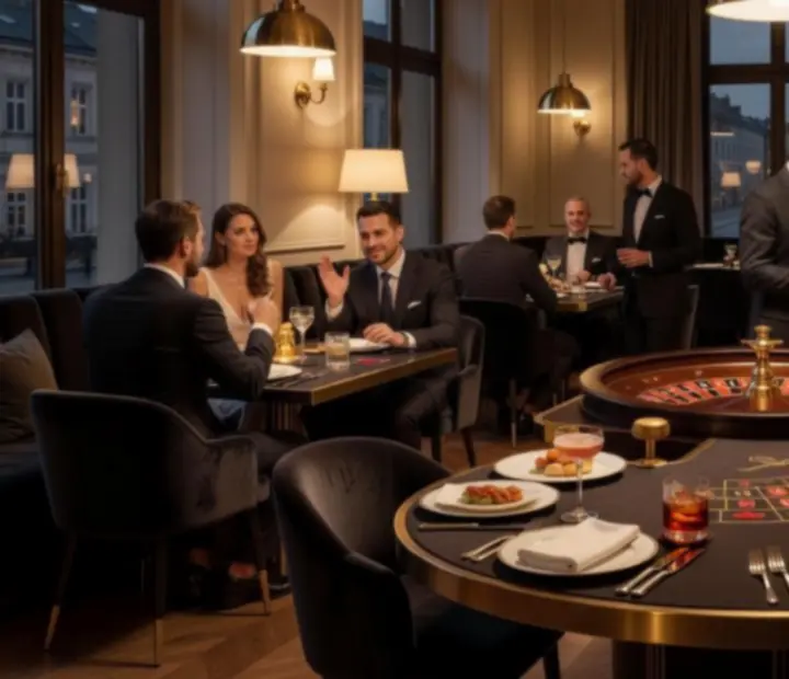 Elegancki stół ruletkowy w restauracji ADSIGHT LTD przy wieczornym oświetleniu